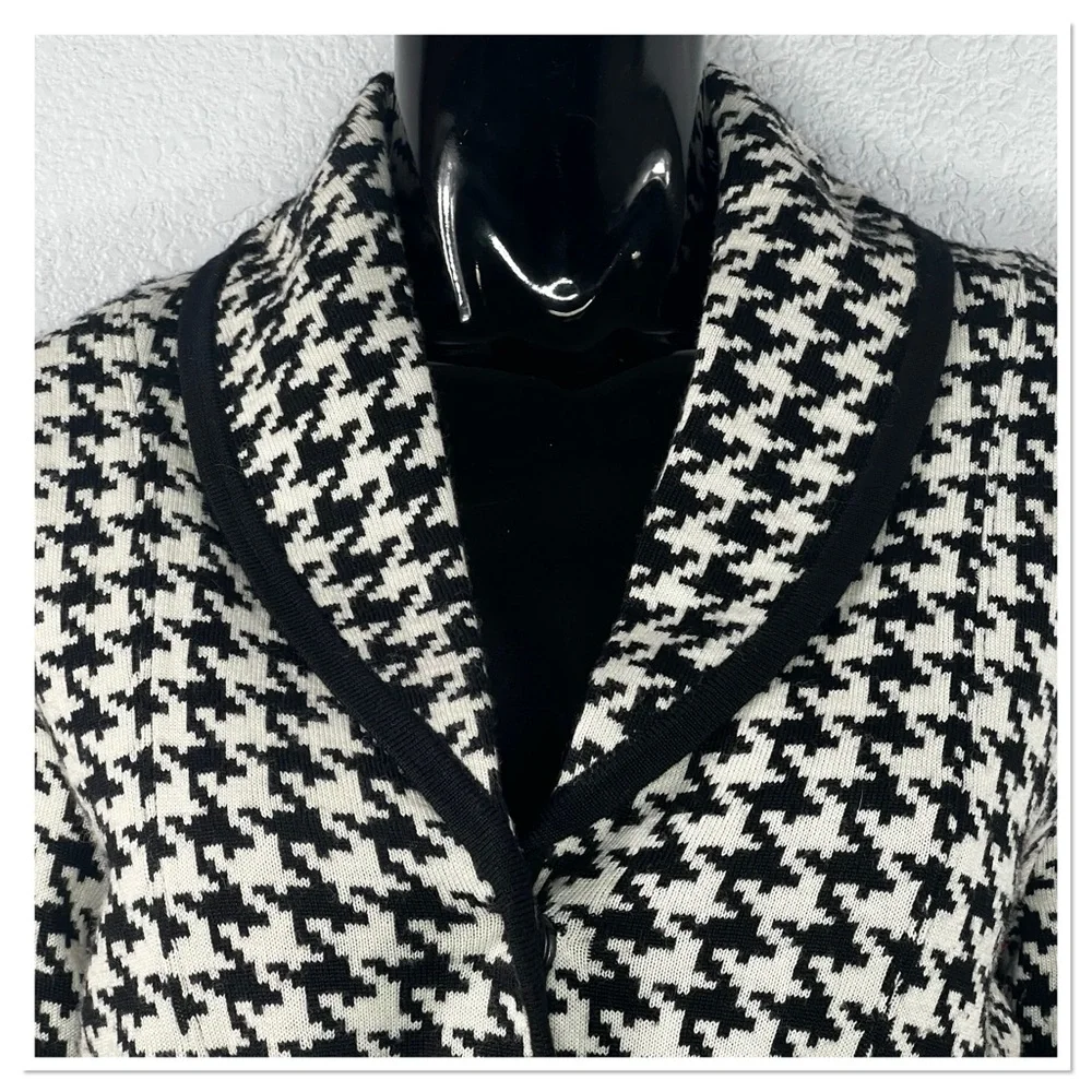 Kenar Black & White Houndstooth Women’s Cardigan Sweater w/ Belt Wool Blend Sz M - Picture 2 of 7